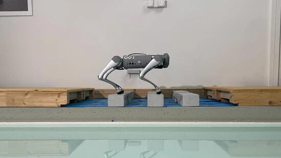 Der Roboter "Biorob" der EPFL-Forschenden kann über Balken springen.