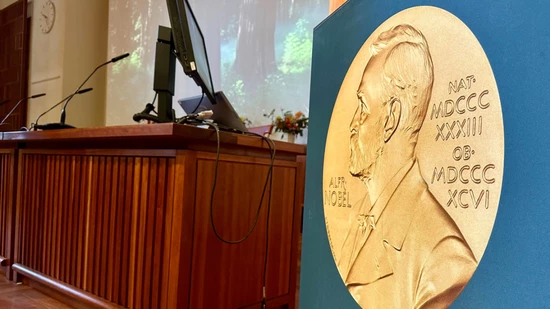 ARCHIV - Ein Abbild der Nobelmedaille ziert das Rednerpult, an dem in Kürze bekanntgegeben wird, wer den diesjährigen Medizin-Nobelpreis erhält. Foto: Steffen Trumpf/dpa