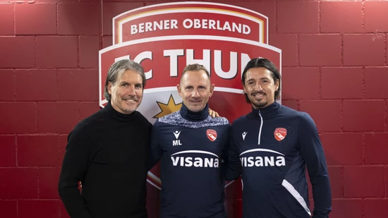 Drei Eckpfeiler des Thuner Triumphs (von links): Präsident Andres Gerber, Trainer Mauro Lustrinelli und Assistenztrainer Nelson Ferreira