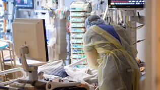 ARCHIV - Ein Intensivpfleger steht auf der Intensivstation eines Krankenhauses neben einem Covid-19-Patienten. Foto: Sebastian Gollnow/dpa/Archiv