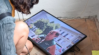 Die Vernissagebesucherin erfährt im Interview mit Fredi Jud, wie dieser mit Hitze- und Dürreperioden umgeht.