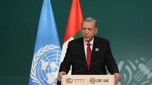 Recep Tayyip Erdogan, Präsident der Türkei, spricht während einer Plenarsitzung auf dem UN-Klimagipfel COP28. Foto: Peter Dejong/AP/dpa
