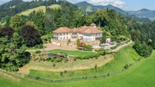 Auf einer Anhöhe mit Blick auf Zürichsee und Glarner Alpen: Hier thront der kleine Palast mit Indoorpool, Teich und Gartenanlagen.