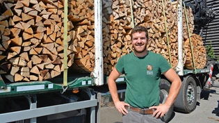 Brennholzrüster Walter Riget vor einer Ladung Holz: Die 18 Ster decken den Energiebedarf von zwei Einfamilienhäusern.
