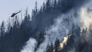 Unter Kontrolle, aber noch nicht gelöscht: Auch nach drei Tagen brennt am Donnerstag, 20. Juli, der Wald oberhalb von Bitsch und Ried-Mörel im Wallis weiter. Ein Helikopter der Air Zermatt bekämpft mit Wasser Brandherde, die nicht am Boden von Feuerwehrleuten angegangen werden können. 