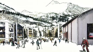 Skizze von Herzog und de Meuron: Das Resort Rheinwald soll als sich schlängelnde Kette von Gebäuden anschliessend an die Talstation der Tambobahnen (rechts) entstehen.