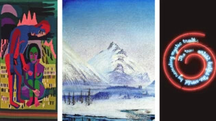 Eine Auswahl der Highlights im Bündner Kunstmuseum in diesem Jahr: Kirchner-Bildteppich von Lise Gujer (links), «San Gian» von Otto Dix (Mitte) und «The true Artist» von Bruce Naumann.
