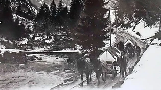 Das Eis wird mit grossen Sägen aus dem See geschnitten und anschliessend mit dem Pferdefuhrwerk ins Tal gebracht.