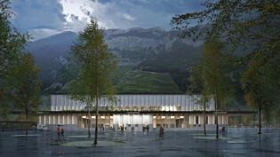 Soll bis zu 8000 Gäste fassen: Eine Visualisierung zeigt die geplante Churer Messe- und Eventhalle auf der Oberen Au.