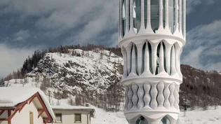 Der «WeisseTurm» von Mulegns: Visualisierung der ETH des Experimentalgebäudes, das ab 2023 neben dem «Posthotel Löwe» stehen soll und mittels 3-D-Druck gebaut wird.