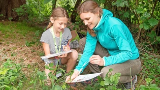 Tiere erkennen: Angela, 9, Schülerin der dritten Klasse in Tomils, hört der Lehrerin Jacqueline Gasser im Wald an der Waldtrophy oberhalb von Pratval aufmerksam zu.
