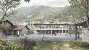 Blick in die Zukunft: So soll sich ab 2026 die Savogniner Schulanlage Grava mit dem neuen Schulhaus (Mitte) von Ruch und Partner Architekten und RBA Architekten aus St. Moritz präsentieren.