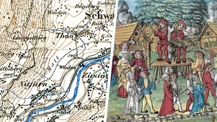 Das Bild rechts zeigt zugegebenermassen nicht Obfurn, sondern einen mittelalterlichen Fasnachtstanz in der Innerschweiz – von Obfurn gibt es selbst in schriftlicher Form nur ganz wenige Zeugnisse. Auch auf alten Landkarten fehlt jede Spur vom Nidfurner Zwillingsdorf. 
