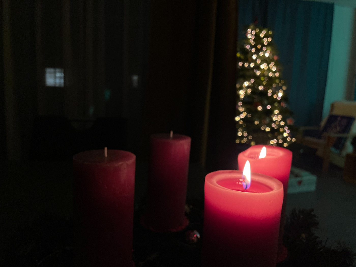 Advent, Advent: Schon zwei Kerzen brennen im Adventskranz. Bald ist Weihnachten.