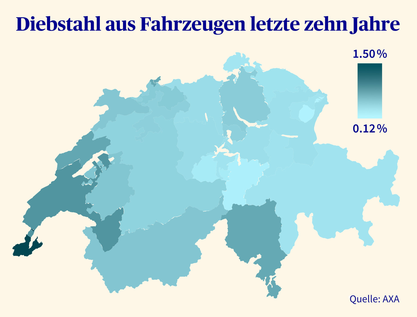 Der Kanton Genf verzeichnet mit Abstand die meisten Diebstähle aus Fahrzeugen, wie die Statistik des Versicherers Axa zeigt. Die Quote (Schadenfälle pro Versicherte) liegt bei 1,5 Prozent.