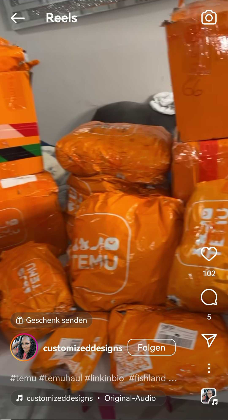 Influencer: In den sozialen Medien werden tonnenweise orange Verpackungen von Influencern der Firma Temu gepostet und das Unboxing zelebriert. 